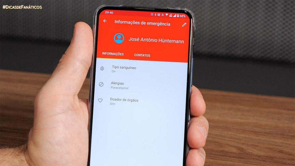informações de emergência adicionadas no celular