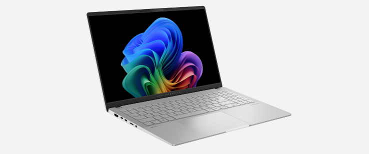 Foto do notebook Vivobook S15, apresentado em uma vista frontal com tela vibrante, destacando um notebook com ia. 