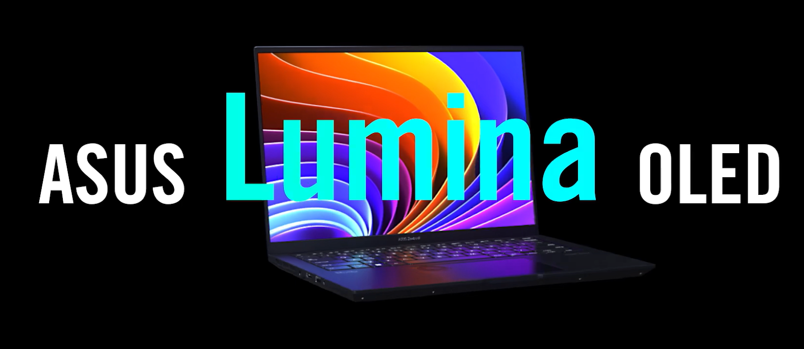 Notebook com tela OLED Lumina exibindo cores vibrantes em fundo preto.