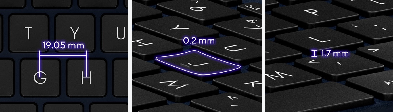 Detalhes do teclado ErgoSense, mostrando medidas entre as teclas e profundidade, destacando um notebook com bateria de longa duração.
