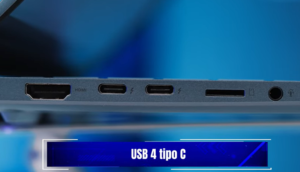 Detalhe das portas do ASUS Vivobook S 14, mostrando a porta USB Tipo C.