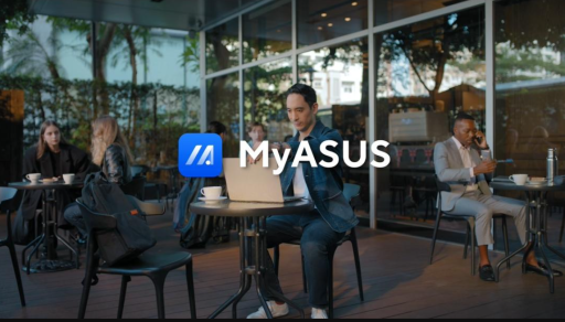 Imagem de um espaço de coworking ao ar livre com pessoas usando notebook e celulares, com destaque para o logo e texto MyASUS.