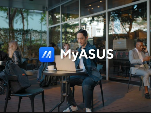 Imagem de um espaço de coworking ao ar livre com pessoas usando notebook e celulares, com destaque para o logo e texto MyASUS.