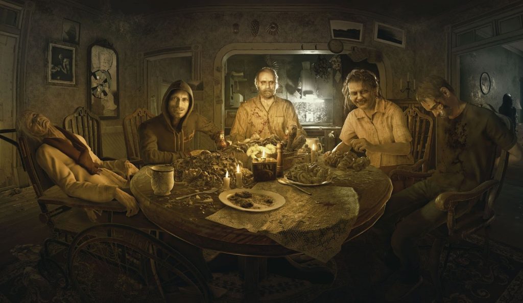 Imagem de Resident Evil 7 mostrando a família Baker sentada em uma mesa em ambiente decadente, representando um dos melhores jogos de terror pela sua atmosfera sufocante.