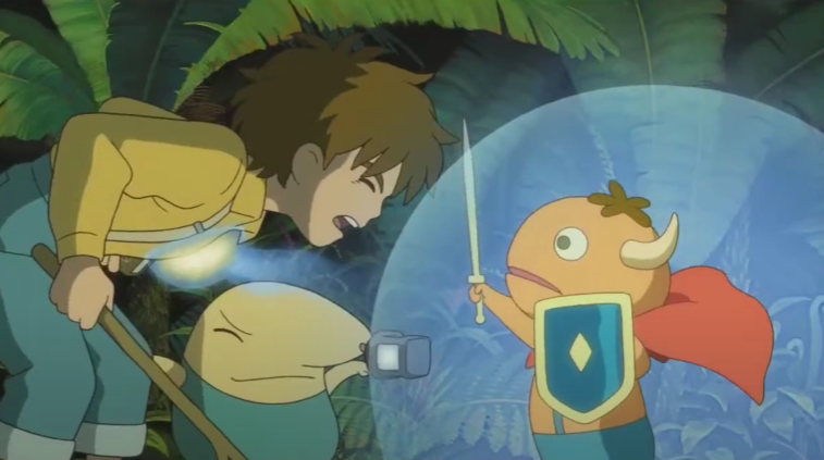 Cena do jogo Ni no Kuni: Wrath of the White Witch mostrando um garoto e criaturas mágicas em uma floresta, ilustrando os jogos de anime com arte vibrante.