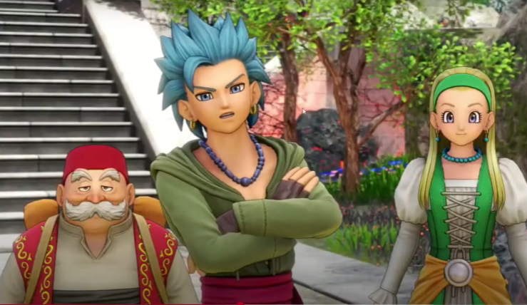 Cena do jogo Dragon Quest 11 mostrando três personagens, exemplo de jogos de anime com gráficos e design clássico de fantasia japonesa.