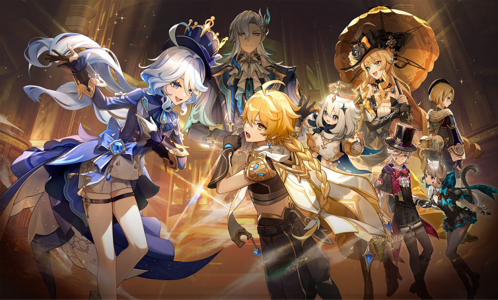 Imagem do jogo Genshin Impact com vários personagens em trajes detalhados e coloridos, destacando os jogos de anime com visual artístico e estilo de fantasia.