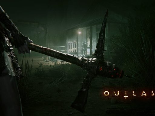 Imagem sombria do jogo de terror Outlast 2, mostrando uma figura ameaçadora segurando uma arma improvisada com pontas afiadas, classificado como um dos melhores jogos de terror.