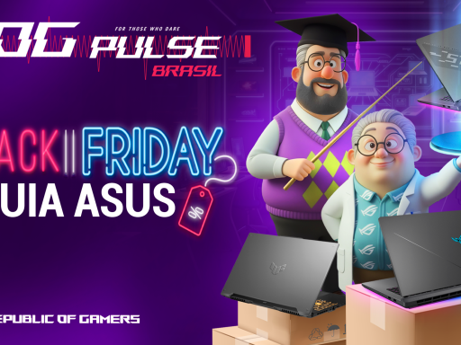 Banner de black friday asus com dois personagens animados estilo professores apresentando notebooks gamer ROG, com elementos neon destacando a frase ‘Black Friday’