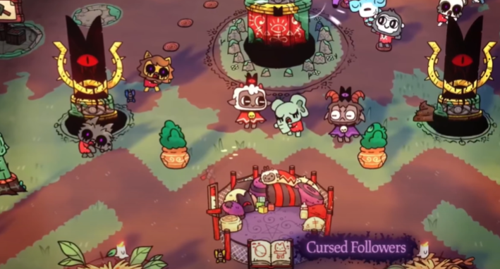 Personagens coloridos de Cult of the Lamb em cenário de aldeia, destaque em jogos indie