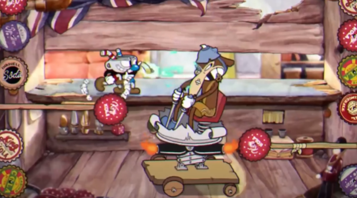 Personagem Cuphead em batalha estilo desenho animado, destaque em jogos indie.