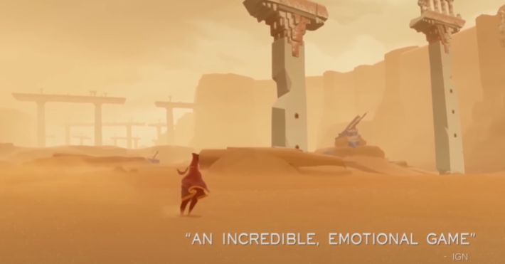 Cena do jogo Journey, exemplo de jogos indie focados em arte minimalista e narrativa emocional.