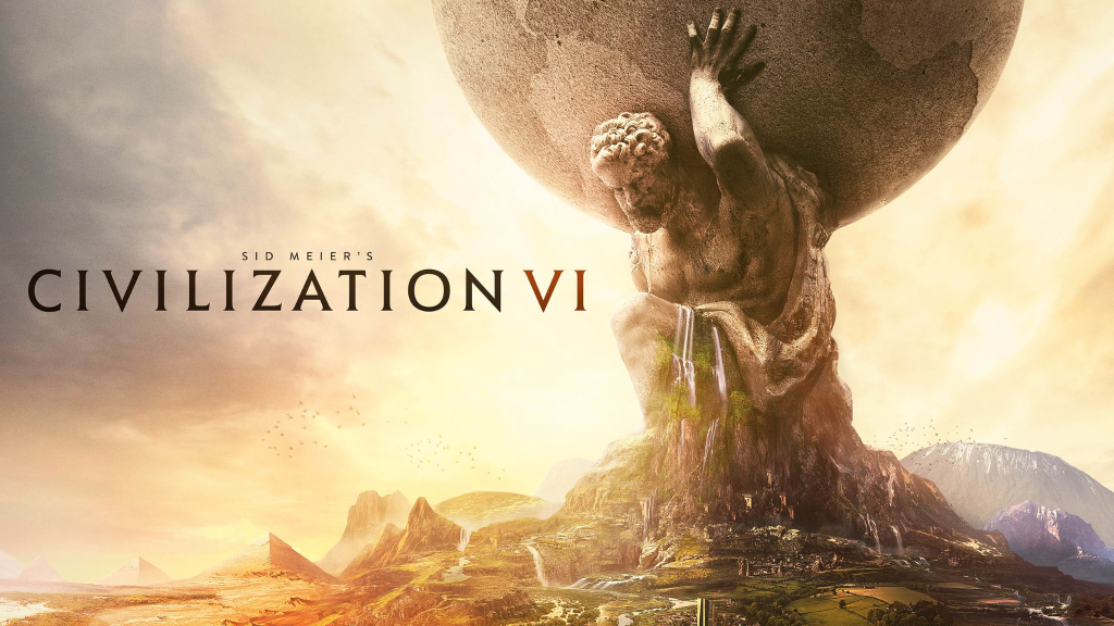Ilustração de Sid Meier's CIVILIZATION VI mostrando estátua de Atlas segurando o globo terrestre sobre montanhas e cidades históricas.