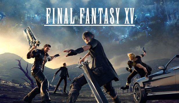 Personagens de FINAL FANTASY XV em pose de batalha com espadas e um carro luxuoso estacionado em cenário montanhoso ao entardecer.