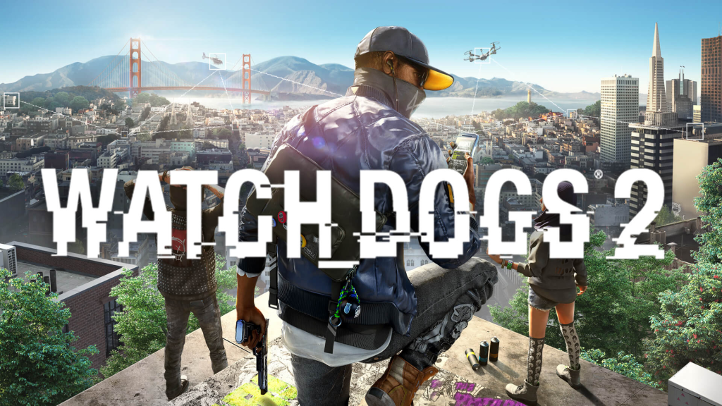 Arte de WATCH DOGS 2 com protagonista Marcus Holloway de costas observando a cidade de San Francisco e a ponte Golden Gate ao fundo.