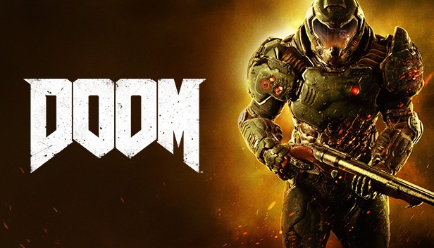 Capa do jogo DOOM com o soldado Doom Slayer em armadura verde segurando uma escopeta contra um fundo alaranjado e esfumaçado.