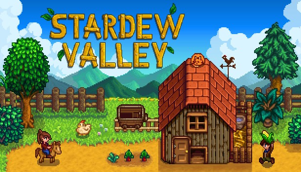 Arte pixel art colorida de STARDEW VALLEY mostrando uma fazenda com casa, personagens, cavalo, galinha e plantações sob céu azul.