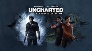 Capa de UNCHARTED LEGACY OF THIEVES COLLECTION apresentando Nathan Drake à esquerda e Chloe Frazer com Nadine Ross à direita.