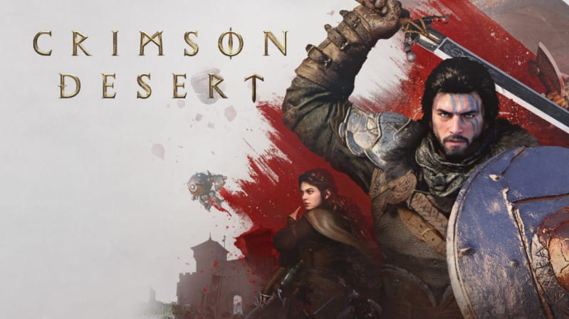 Arte promocional de Crimson Desert com guerreiro segurando espada e escudo em destaque, acompanhado de uma personagem feminina e cenário medieval ao fundo.
