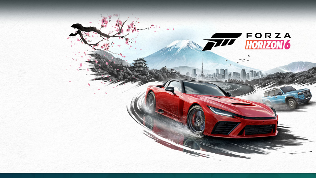Arte promocional de Forza Horizon 6 com carro esportivo vermelho em drift, tendo ao fundo o Monte Fuji, cerejeiras e o logotipo oficial do jogo.   