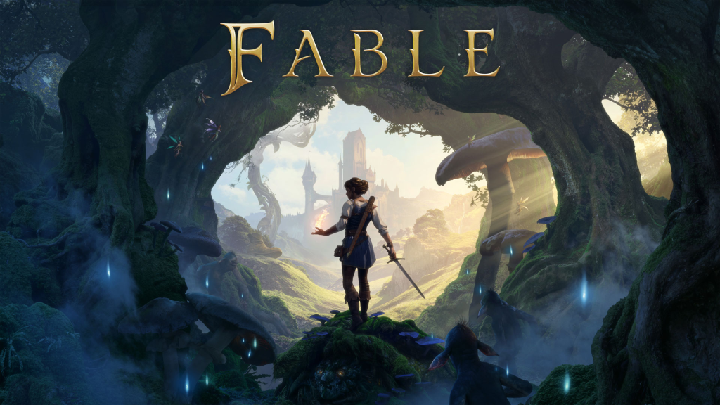 Protagonista feminina de Fable observando um castelo distante através de um arco de árvores mágicas em uma floresta fantástica com fadas e cogumelos.