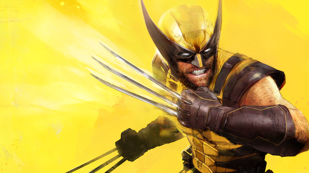 Ilustração de Wolverine com traje amarelo e máscara clássica, exibindo suas garras de adamantium em posição de ataque contra um fundo amarelo vibrante.