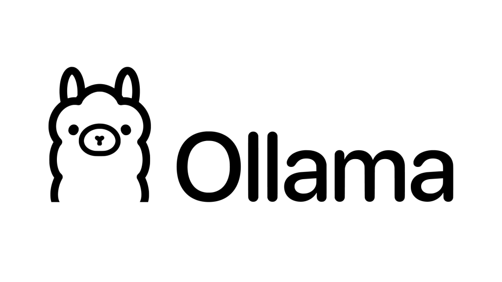 Logotipo da Ollama apresentando o ícone de uma lhama estilizada em traços pretos ao lado do nome Ollama escrito em fonte sem serifa preta.