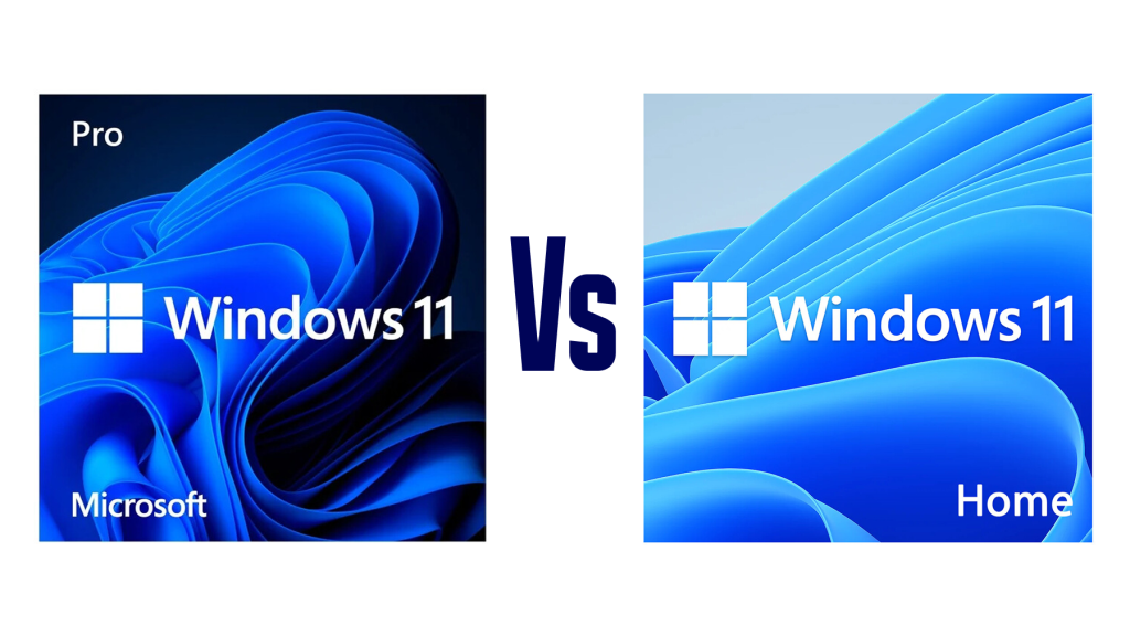 Comparativo lado a lado entre o logotipo do Windows 11 Pro com fundo azul-escuro e o Windows 11 Home com fundo azul-claro separados.