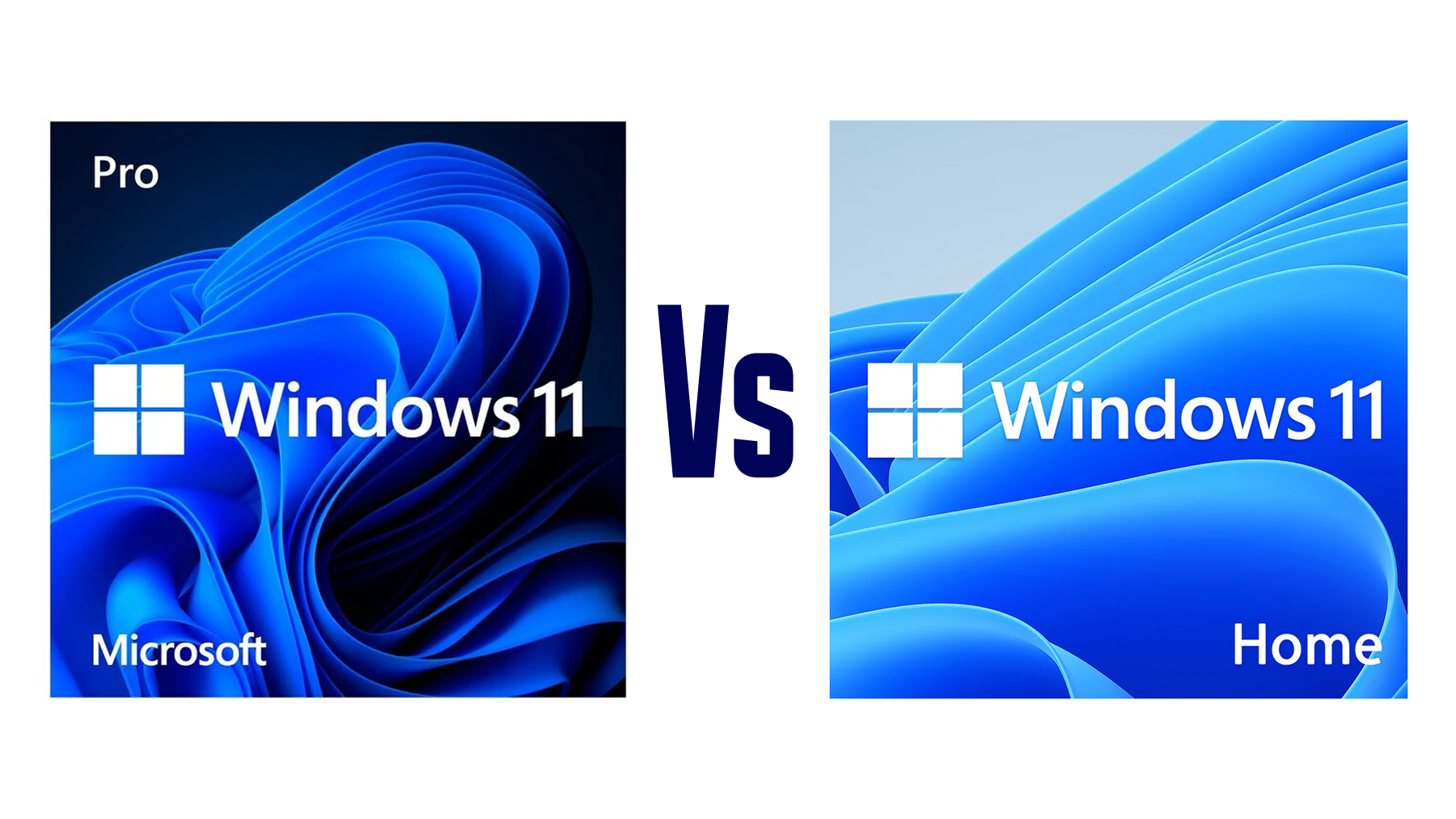 Comparativo lado a lado entre o logotipo do Windows 11 Pro com fundo azul-escuro e o Windows 11 Home com fundo azul-claro separados demonstrando qual a diferença do windows 11 home para o pro​.