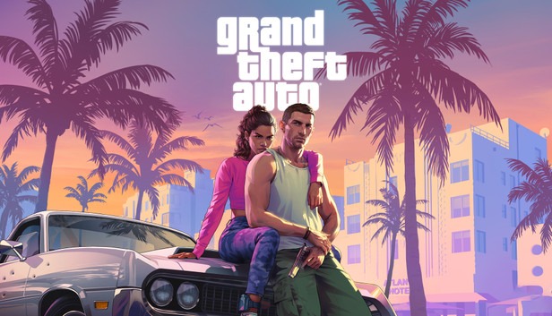 Arte de Grand Theft Auto VI (GTA 6) com o casal de protagonistas Lucia e Jason encostados em um carro clássico sob o pôr do sol de Vice City.