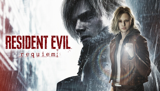 Pôster do jogo Resident Evil requiem apresentando os personagens Leon S. Kennedy e Ashley Graham sob chuva intensa com estilo visual sombrio e dramático.