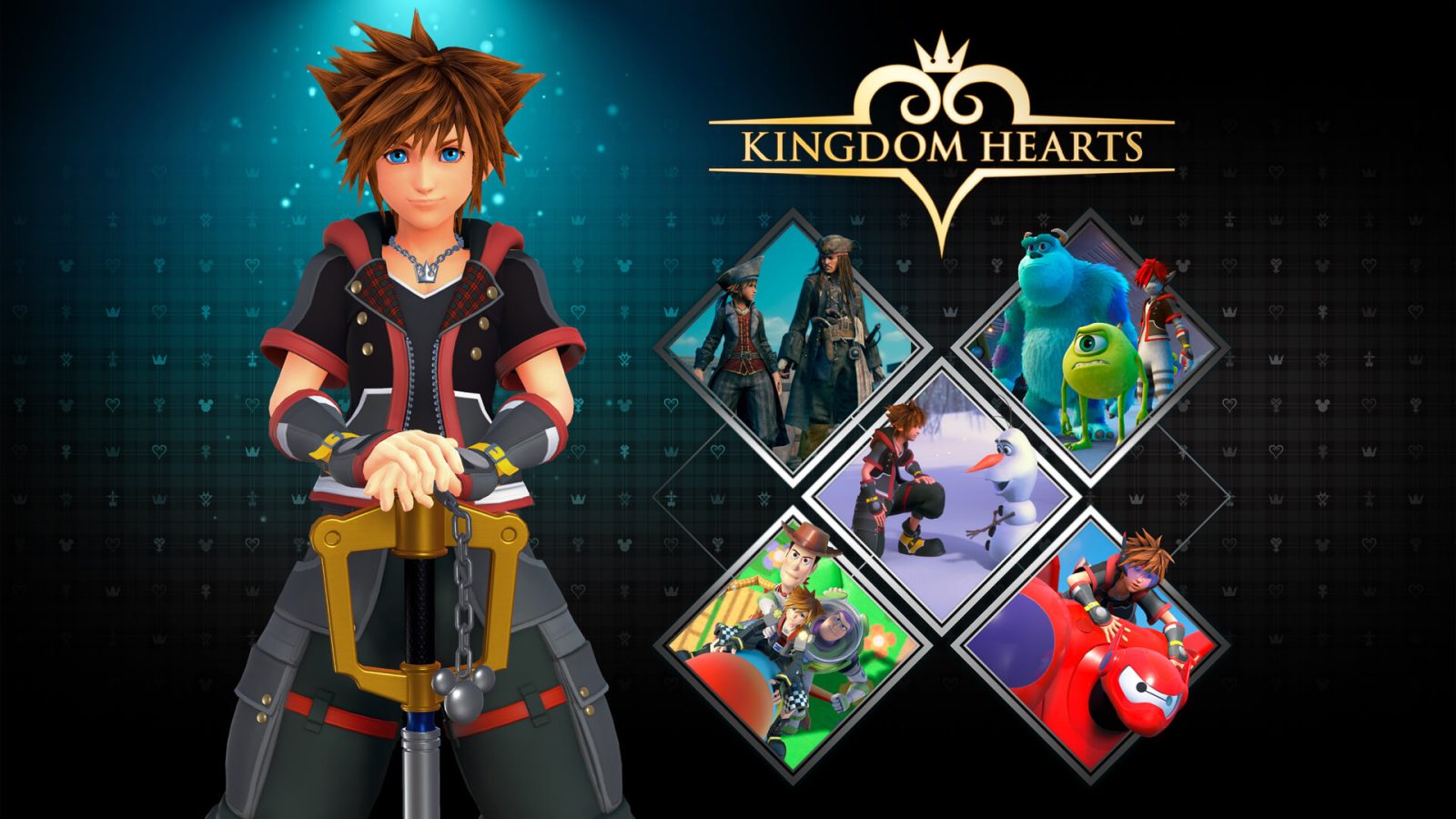 Sora segura sua Keyblade à esquerda do logo Kingdom Hearts, rodeado por quadros de Toy Story, Monstros S.A., Operação Big Hero, Frozen e Piratas do Caribe.