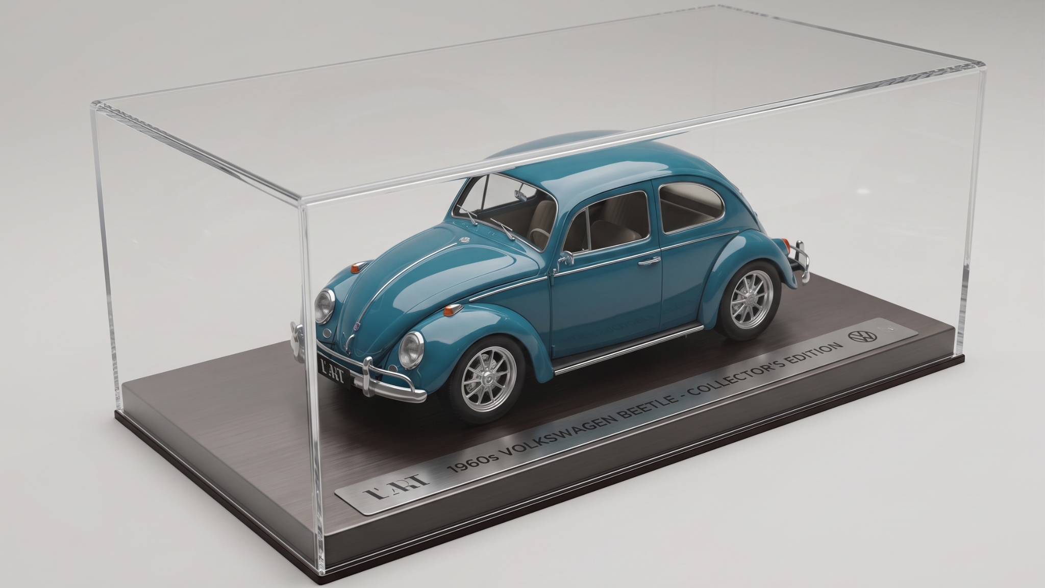 Imagem gerada por IA. Miniatura colecionável azul de um Fusca dentro de uma caixa de acrílico transparente sobre base de madeira com placa identificadora 1960s VOLKSWAGEN BEETLE - COLLECTOR'S EDITION. 