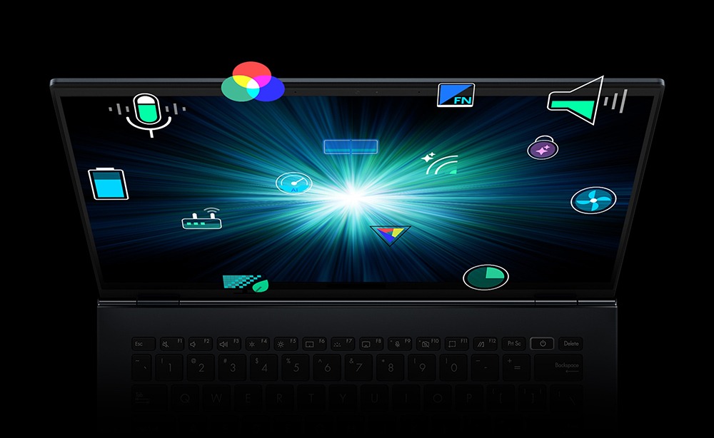 Notebook aberto visto de cima com tela exibindo feixe de luz central e vários ícones flutuantes de funções como bateria, som, Wi-Fi e cooler.