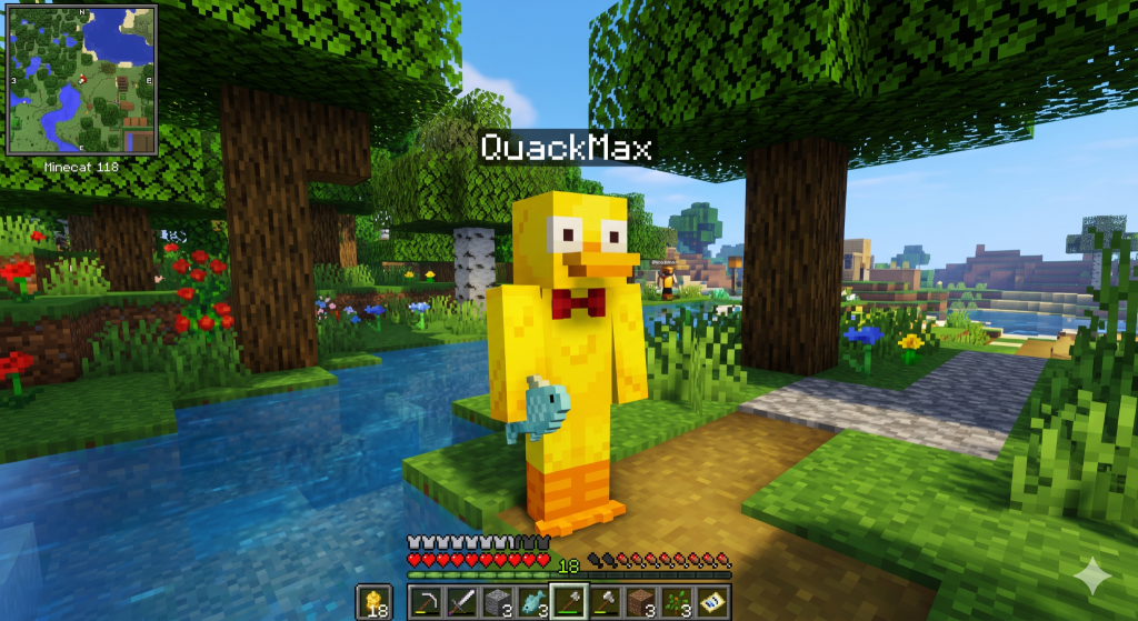 Imagem gerado por IA. Captura de tela do jogo Minecraft mostrando o personagem QuackMax com skin de pato amarelo e gravata borboleta vermelha segurando um peixe em cenário natural. 